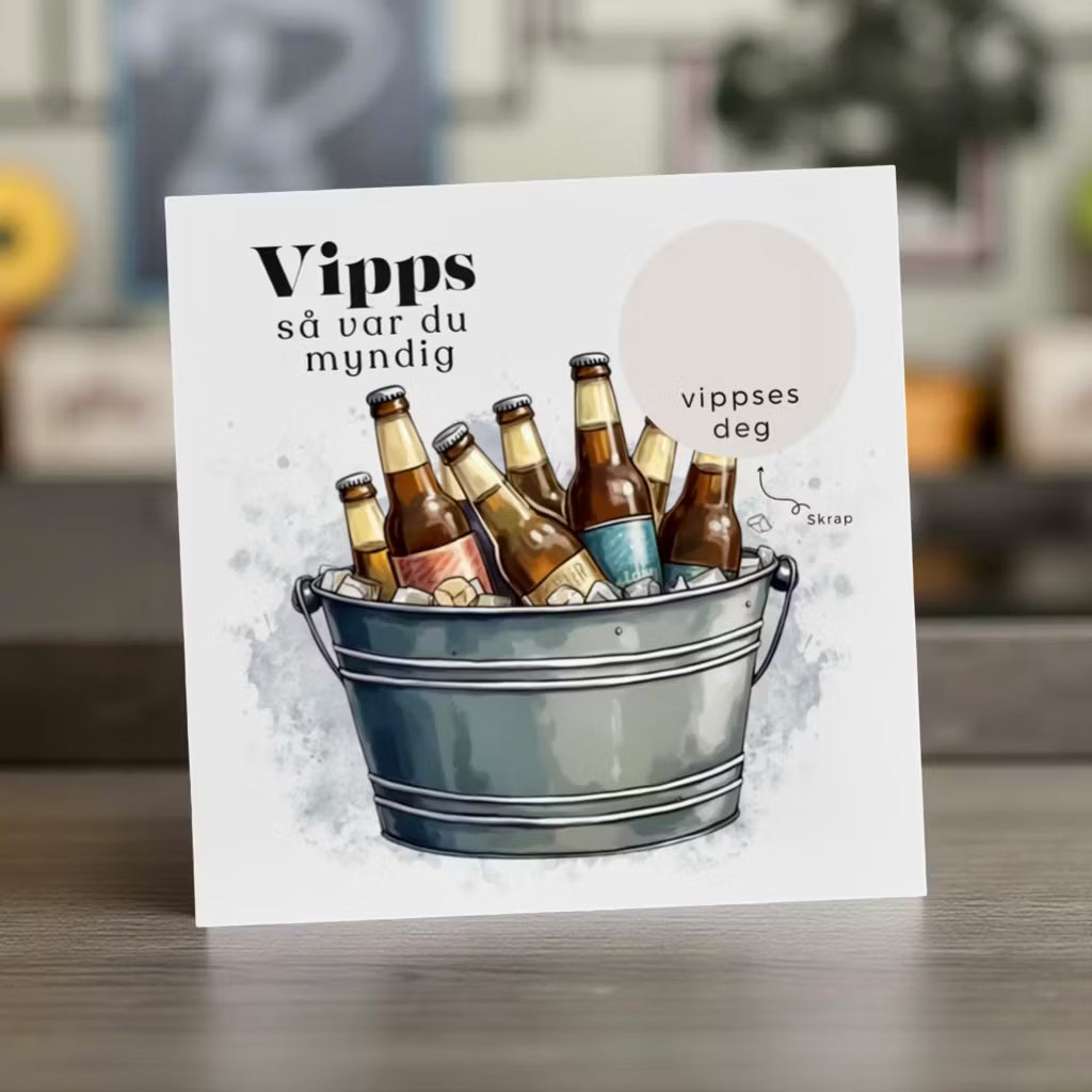 Vipps skrapekort fra Emerense – morsomme og personlige kort til alle anledninger. Skriv gaven, dekk med skrapemerket og la mottakeren skrape frem overraskelsen. Med konvolutt. Finnes også som standard anledningskort uten Vipps.
