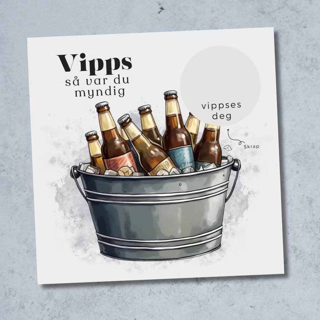 Vipps skrapekort fra Emerense – morsomme og personlige kort til alle anledninger. Skriv gaven, dekk med skrapemerket og la mottakeren skrape frem overraskelsen. Med konvolutt. Finnes også som standard anledningskort uten Vipps.