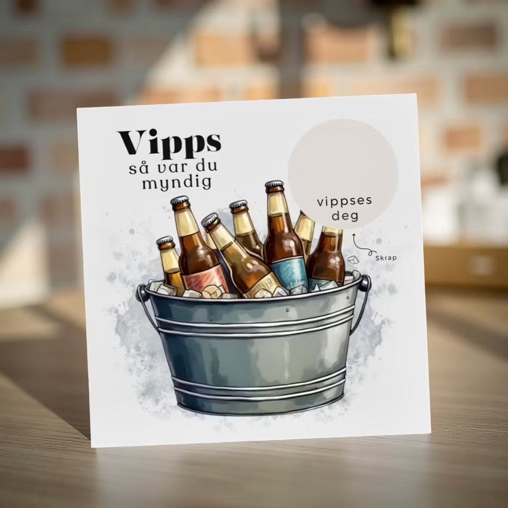 Vipps skrapekort fra Emerense – morsomme og personlige kort til alle anledninger. Skriv gaven, dekk med skrapemerket og la mottakeren skrape frem overraskelsen. Med konvolutt. Finnes også som standard anledningskort uten Vipps.