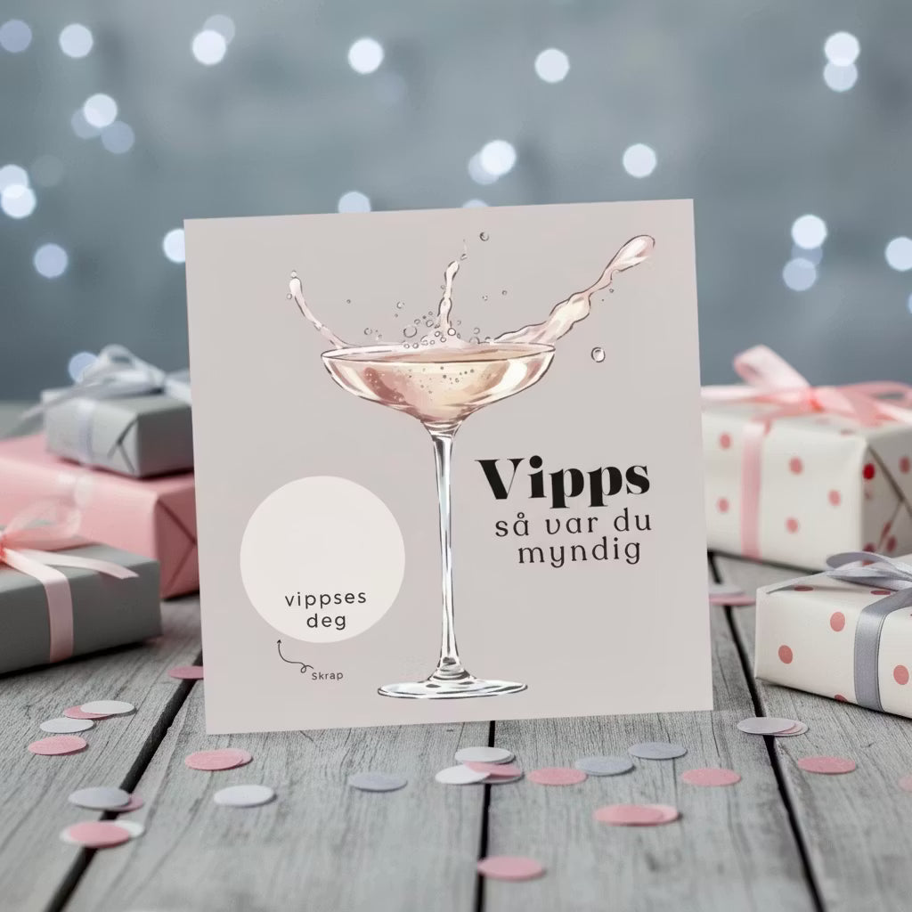 Vipps skrapekort fra Emerense – morsomme og personlige kort til alle anledninger. Skriv gaven, dekk med skrapemerket og la mottakeren skrape frem overraskelsen. Med konvolutt. Finnes også som standard anledningskort uten Vipps.