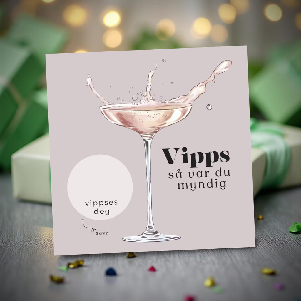 Vipps skrapekort fra Emerense – morsomme og personlige kort til alle anledninger. Skriv gaven, dekk med skrapemerket og la mottakeren skrape frem overraskelsen. Med konvolutt. Finnes også som standard anledningskort uten Vipps.