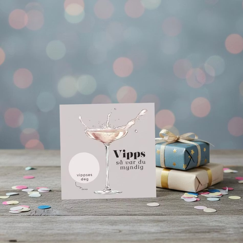 Vipps skrapekort fra Emerense – morsomme og personlige kort til alle anledninger. Skriv gaven, dekk med skrapemerket og la mottakeren skrape frem overraskelsen. Med konvolutt. Finnes også som standard anledningskort uten Vipps.