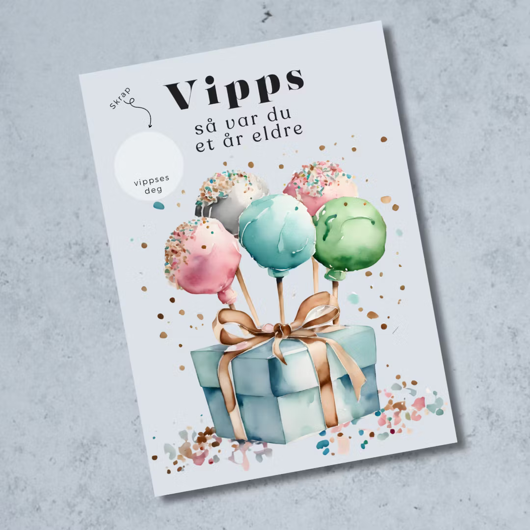 Vipps skrapekort fra Emerense – morsomme og personlige kort til alle anledninger. Skriv gaven, dekk med skrapemerket og la mottakeren skrape frem overraskelsen. Med konvolutt. Finnes også som standard anledningskort uten Vipps.