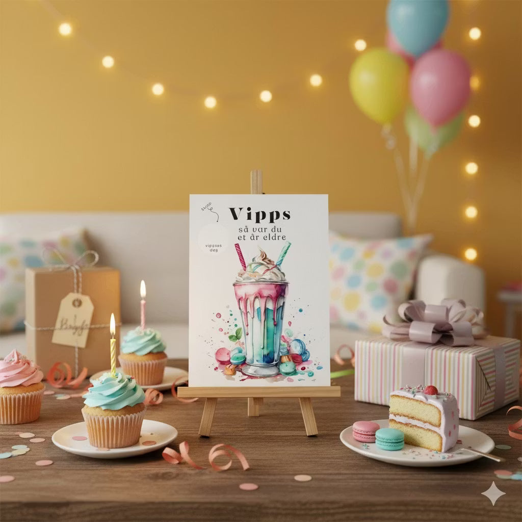 Vipps skrapekort fra Emerense – morsomme og personlige kort til alle anledninger. Skriv gaven, dekk med skrapemerket og la mottakeren skrape frem overraskelsen. Med konvolutt. Finnes også som standard anledningskort uten Vipps.