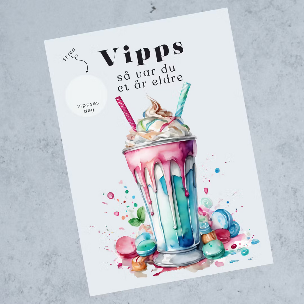 Vipps skrapekort fra Emerense – morsomme og personlige kort til alle anledninger. Skriv gaven, dekk med skrapemerket og la mottakeren skrape frem overraskelsen. Med konvolutt. Finnes også som standard anledningskort uten Vipps.