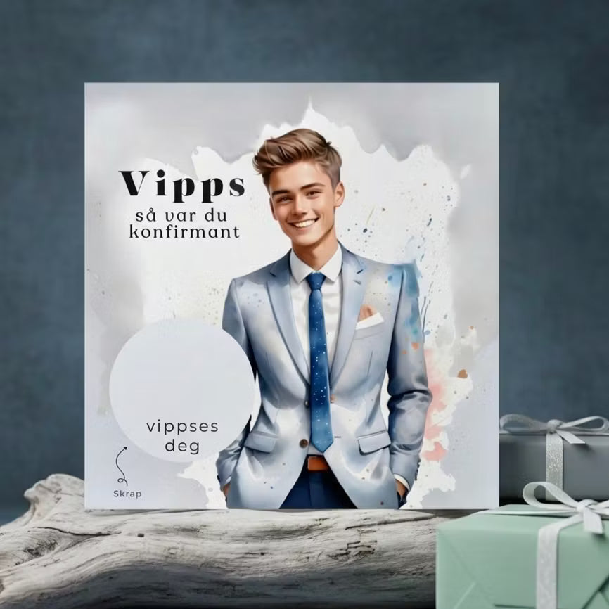 Vipps skrapekort fra Emerense – morsomme og personlige kort til alle anledninger. Skriv gaven, dekk med skrapemerket og la mottakeren skrape frem overraskelsen. Med konvolutt. Finnes også som standard anledningskort uten Vipps.
