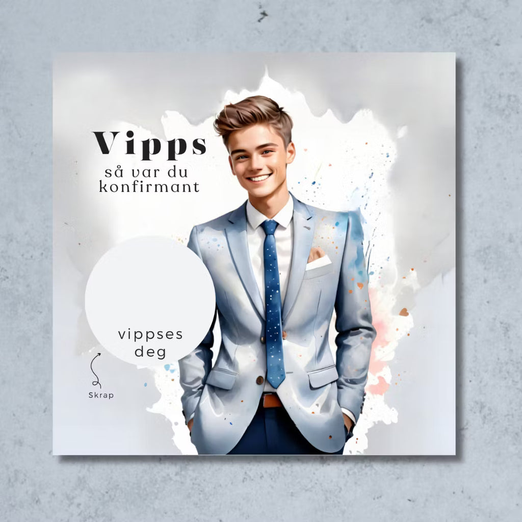 Vipps skrapekort fra Emerense – morsomme og personlige kort til alle anledninger. Skriv gaven, dekk med skrapemerket og la mottakeren skrape frem overraskelsen. Med konvolutt. Finnes også som standard anledningskort uten Vipps.