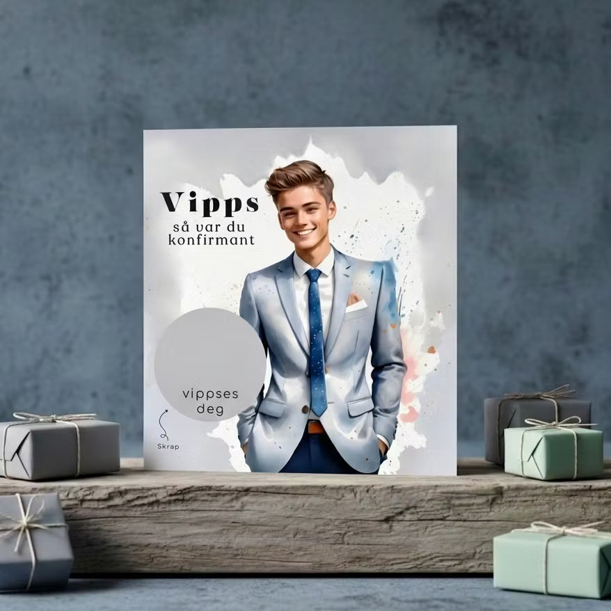 Vipps skrapekort fra Emerense – morsomme og personlige kort til alle anledninger. Skriv gaven, dekk med skrapemerket og la mottakeren skrape frem overraskelsen. Med konvolutt. Finnes også som standard anledningskort uten Vipps.