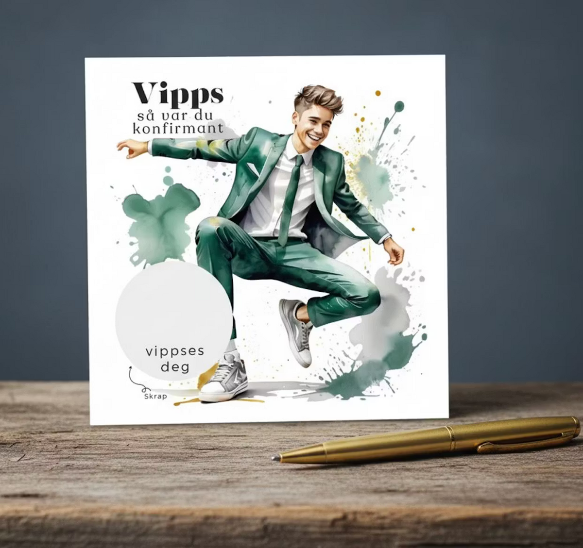 Vipps skrapekort fra Emerense – morsomme og personlige kort til alle anledninger. Skriv gaven, dekk med skrapemerket og la mottakeren skrape frem overraskelsen. Med konvolutt. Finnes også som standard anledningskort uten Vipps.