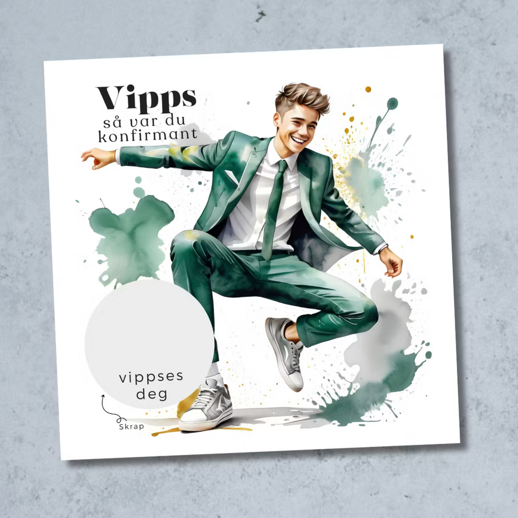 Vipps skrapekort fra Emerense – morsomme og personlige kort til alle anledninger. Skriv gaven, dekk med skrapemerket og la mottakeren skrape frem overraskelsen. Med konvolutt. Finnes også som standard anledningskort uten Vipps.