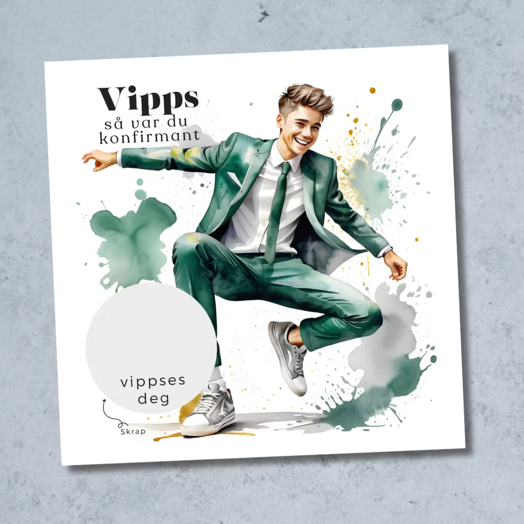 Vipps skrapekort fra Emerense – morsomme og personlige kort til alle anledninger. Skriv gaven, dekk med skrapemerket og la mottakeren skrape frem overraskelsen. Med konvolutt. Finnes også som standard anledningskort uten Vipps.