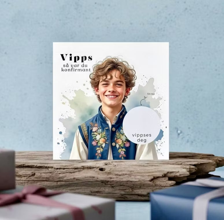 Vipps skrapekort fra Emerense – morsomme og personlige kort til alle anledninger. Skriv gaven, dekk med skrapemerket og la mottakeren skrape frem overraskelsen. Med konvolutt. Finnes også som standard anledningskort uten Vipps.