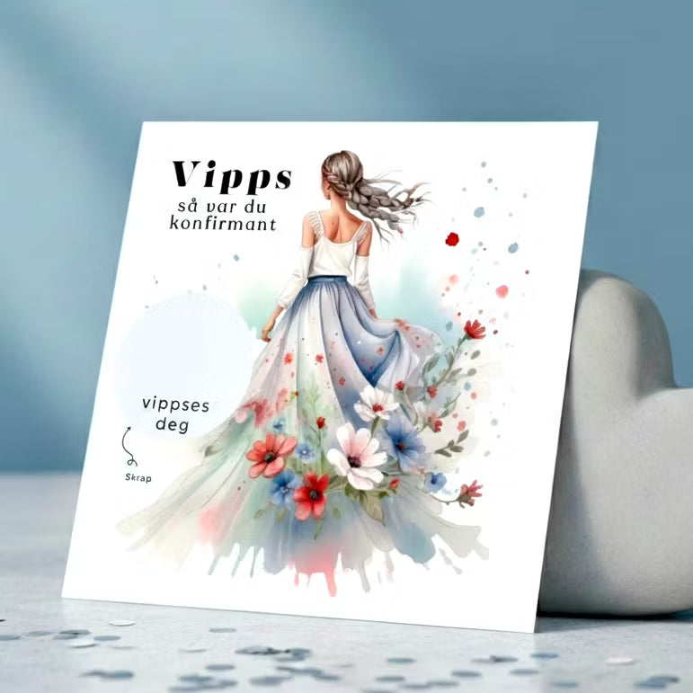 Vipps skrapekort fra Emerense – morsomme og personlige kort til alle anledninger. Skriv gaven, dekk med skrapemerket og la mottakeren skrape frem overraskelsen. Med konvolutt. Finnes også som standard anledningskort uten Vipps.