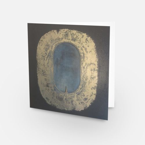 Dobbelt kunstkort med motiv fra originalmaleri – gullfarget oval form mot mørk bakgrunn med blå kjerne. Art by Emerense.