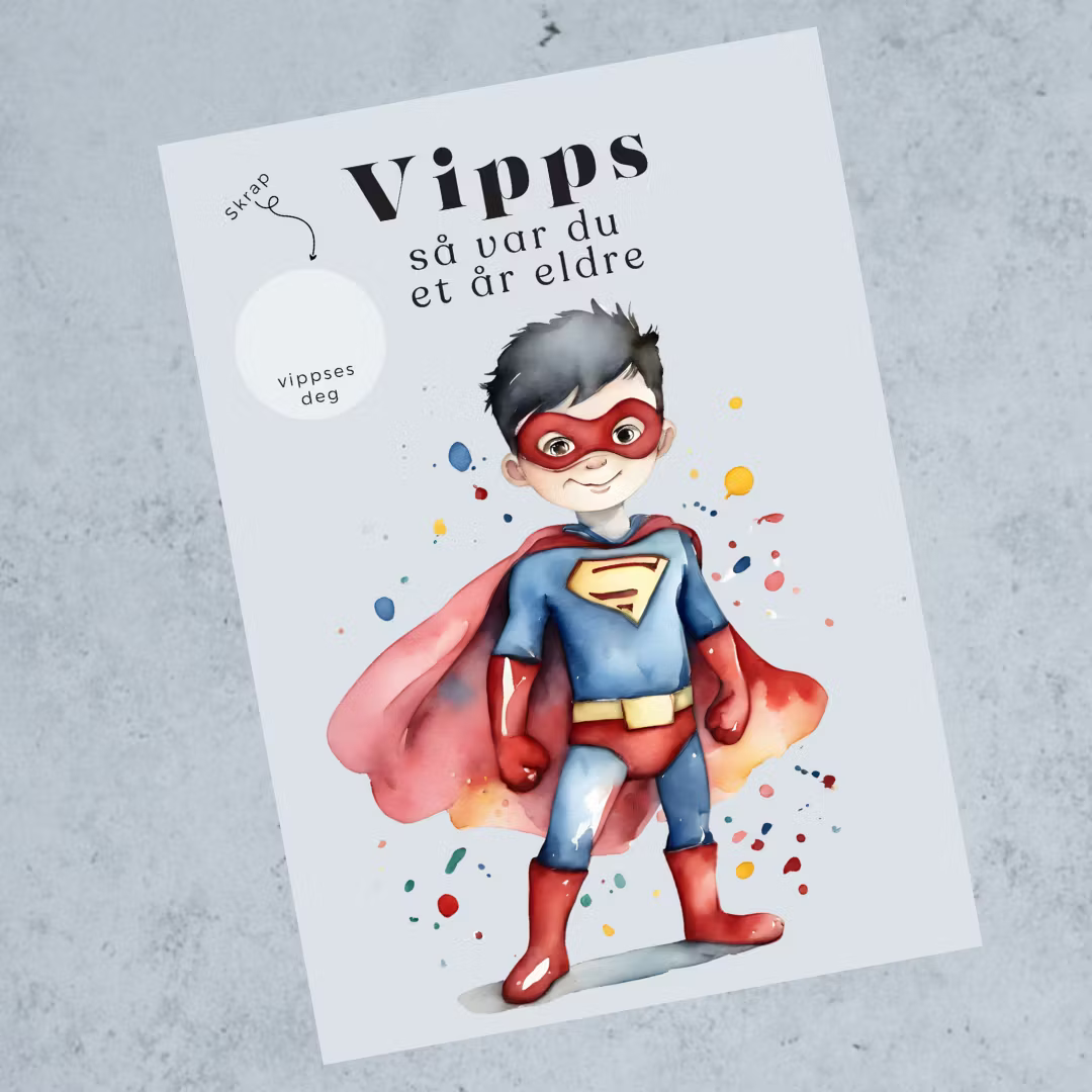 Vipps skrapekort fra Emerense – morsomme og personlige kort til alle anledninger. Skriv gaven, dekk med skrapemerket og la mottakeren skrape frem overraskelsen. Med konvolutt. Finnes også som standard anledningskort uten Vipps.