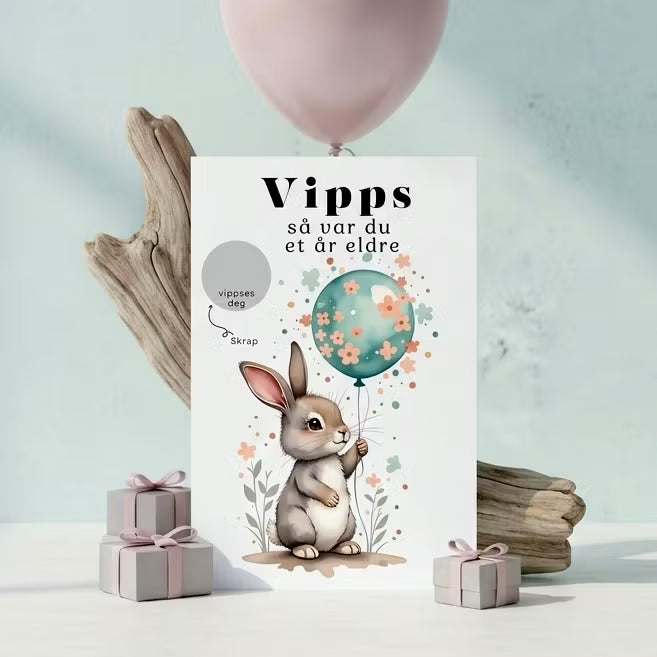Vipps skrapekort fra Emerense – morsomme og personlige kort til alle anledninger. Skriv gaven, dekk med skrapemerket og la mottakeren skrape frem overraskelsen. Med konvolutt. Finnes også som standard anledningskort uten Vipps.